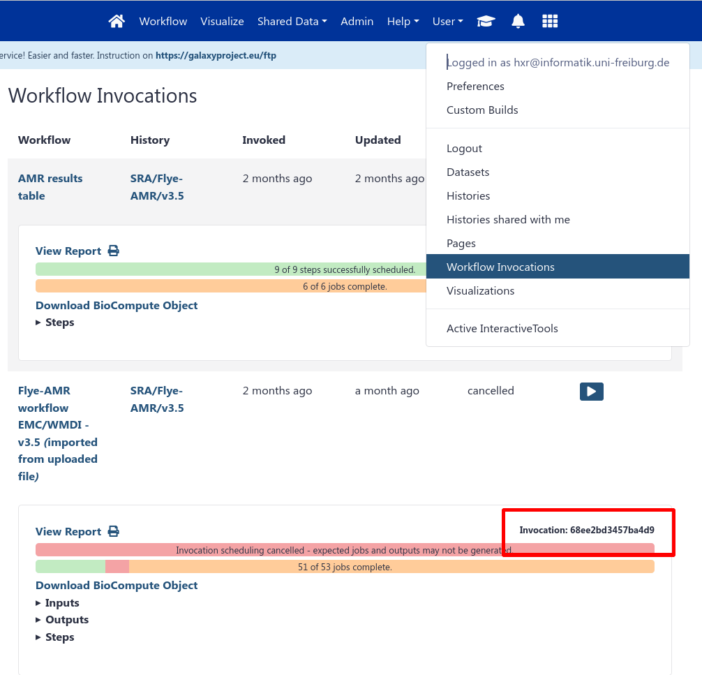 screenshot of the workflow invocation page. The user drop down shows where to find this page, and a red box circles a field named "Invocation ID"