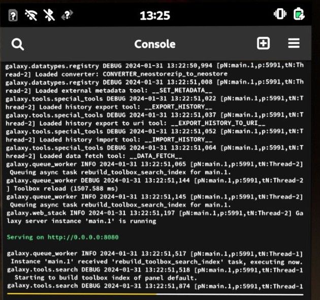 cropped picture of a mobile phone interface showing a terminal with Galaxy log outputs.