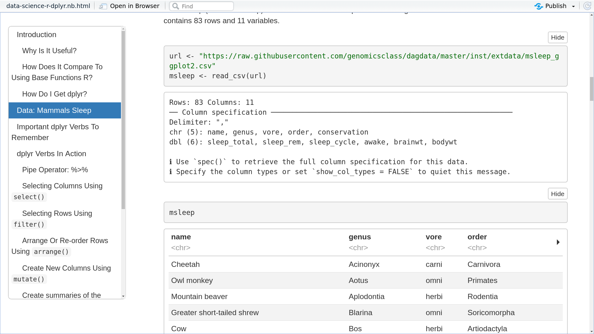 Image showing content from a tutorial, rendered as an rmarkdown html via knitting. A table of contents appears on the left, and code and outputs on the right.