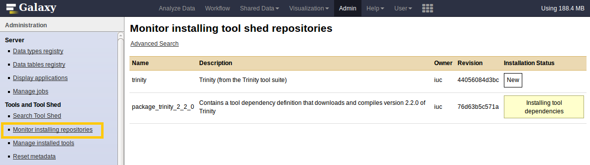 admin interface of galaxy with monitor installing repositories called out