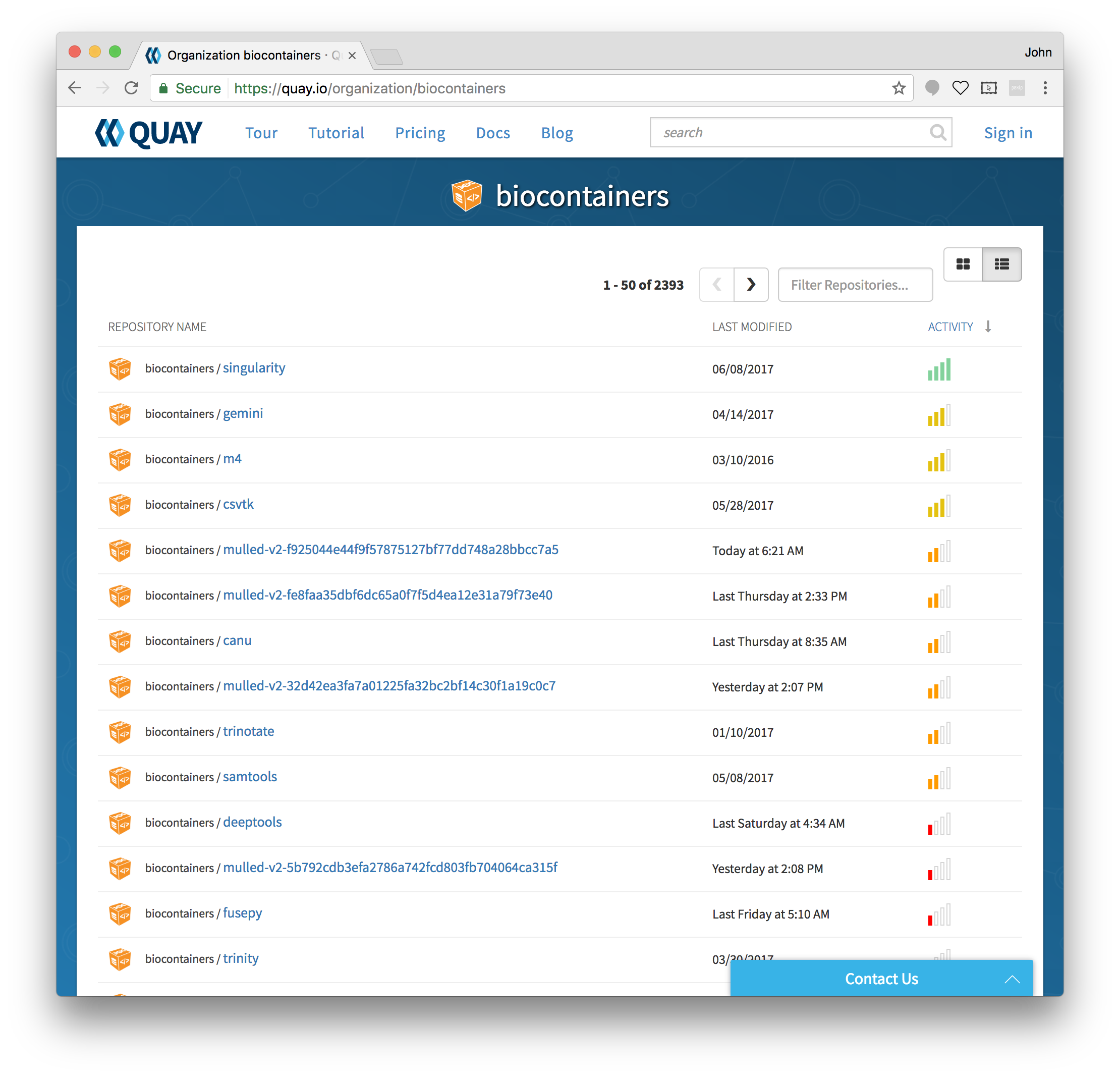 screenshot of biocontainers on quay.io with lots of containers