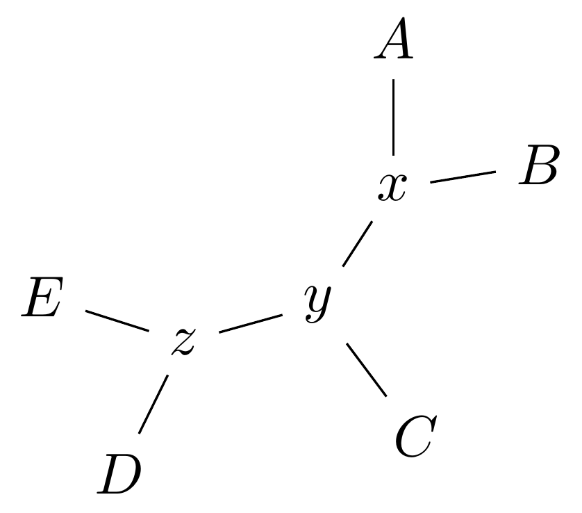 Schematic of an unrooted phylogenetic tree. There are three connected internal nodes x,y,z and five tips A, B, C, D, E. A and B are connected to x; C is connected to Y; E and D are connected to z.