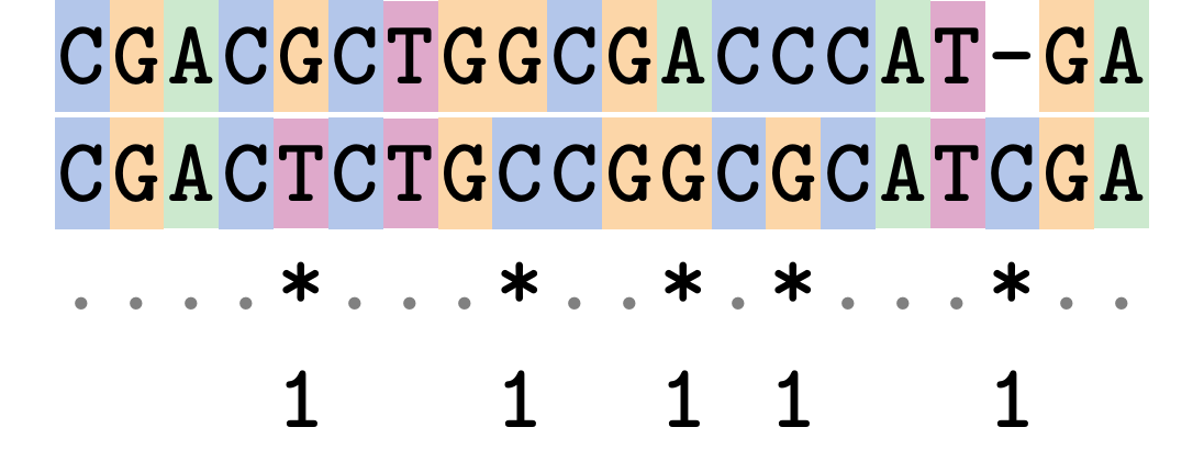 An alignment of two DNA sequences. Positions that are not homologous are indicated by an asterisk and assigned the value 1.