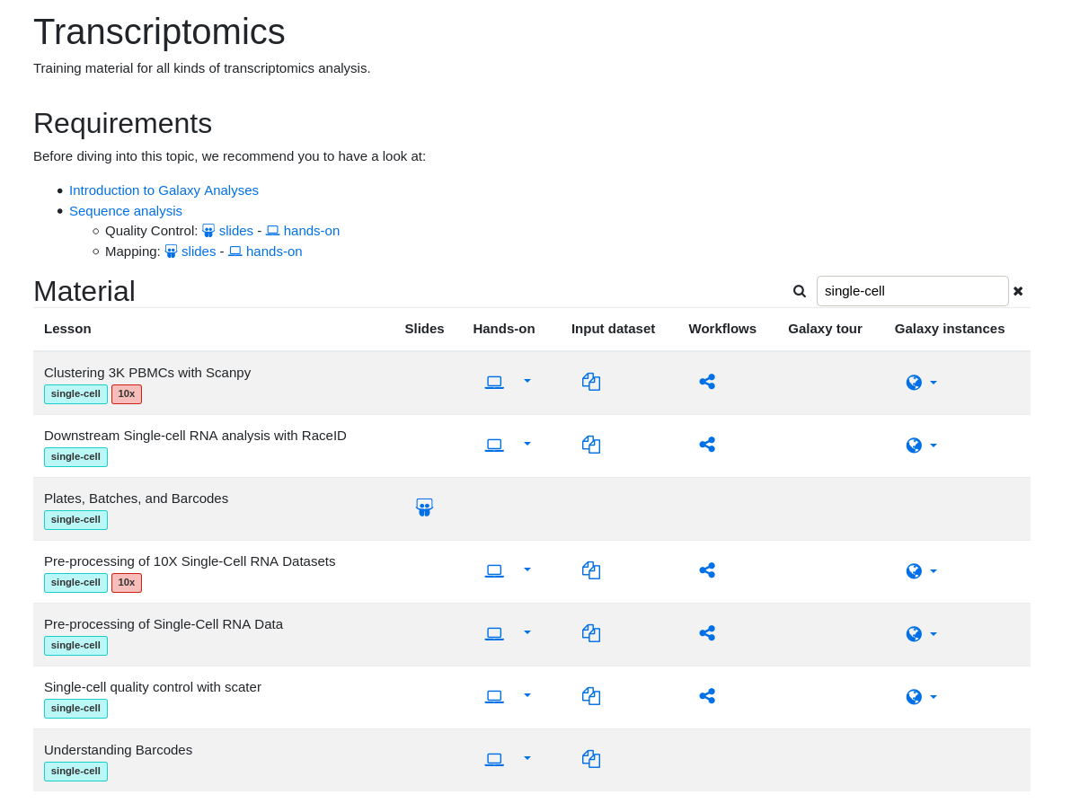 Screenshot of the galaxy training materials that cover single cell